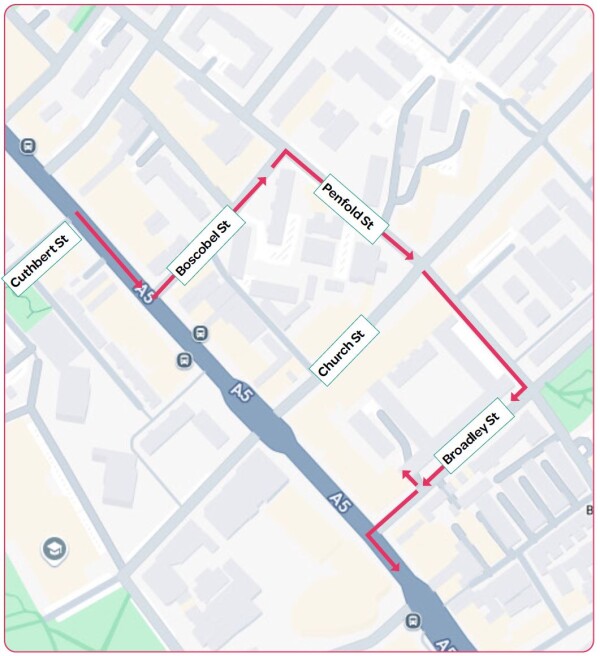 Map showing vehicles route in and out of Church Street